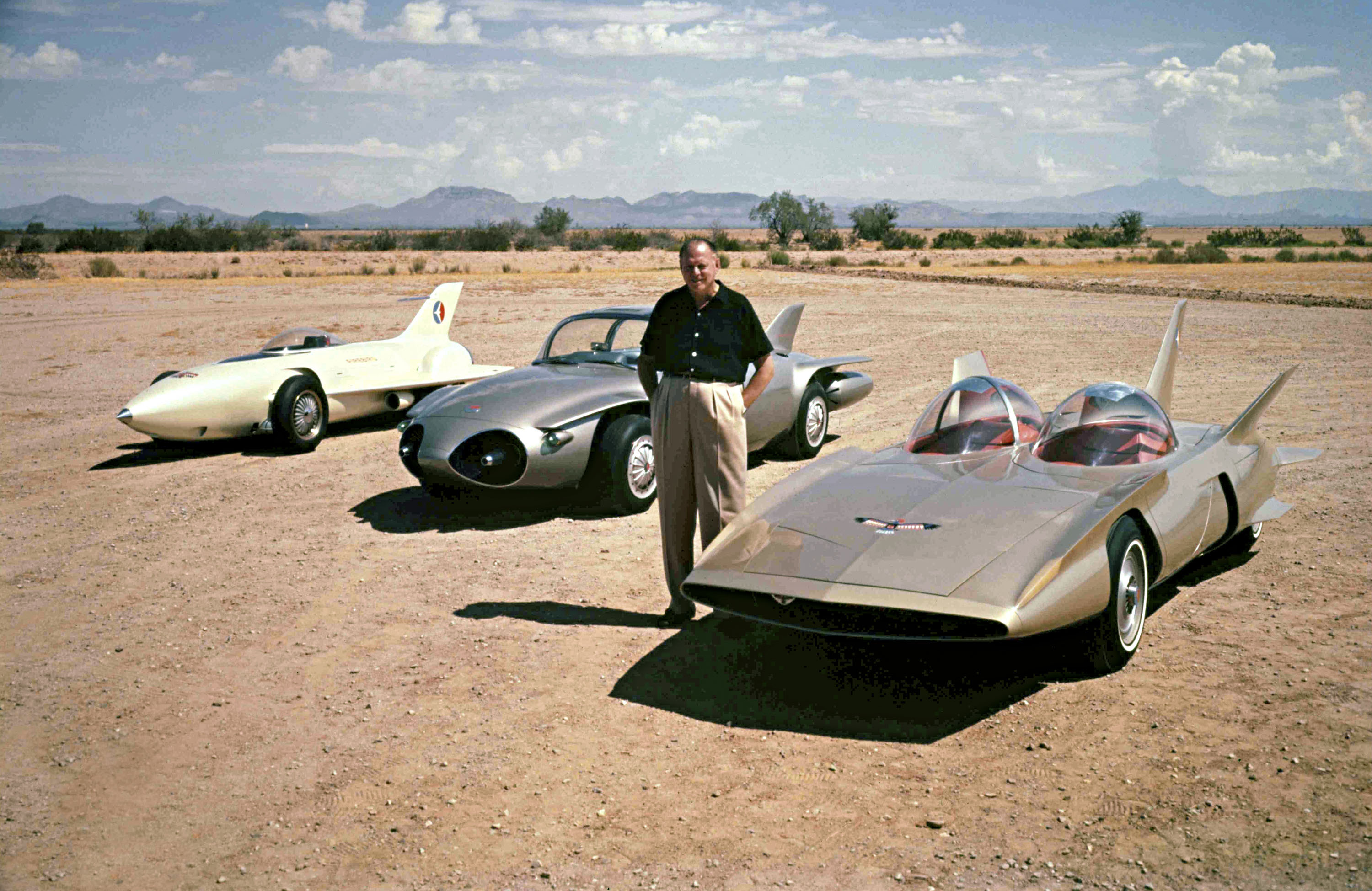 1958- Harley Earl with GM Firebirds I-II-III. Dream Car Concept Car