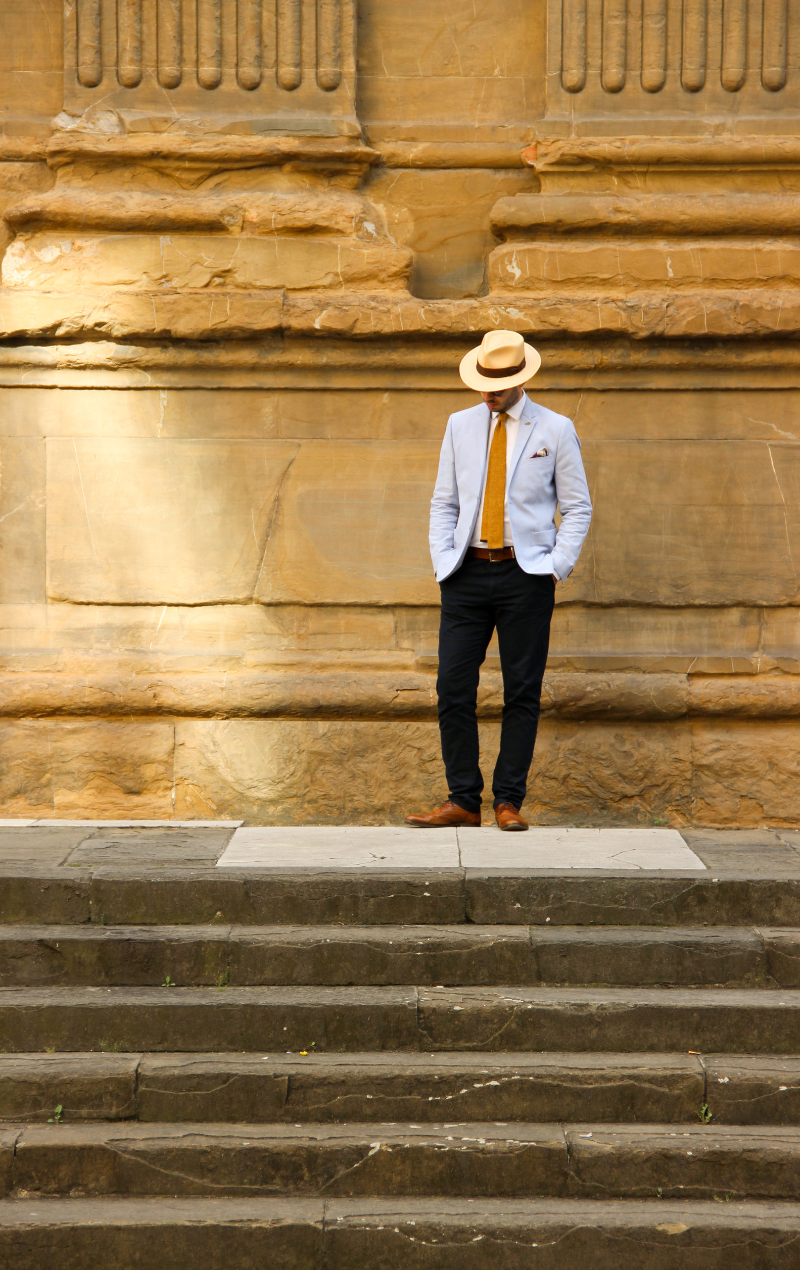 Pitti Uomo 90 - Panama Hat, Yellow Knit Tie and Florence Pocket Square by LONG STORY SHORT